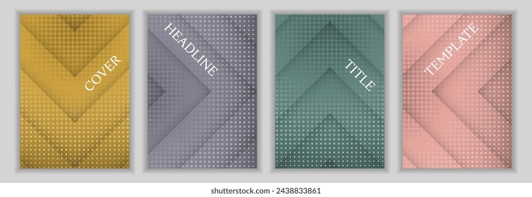 Halftone dots and arrow stripes background business cover page layout batch. Bright banners vector design. Contemporary book front pages. Advertisement posters collection.