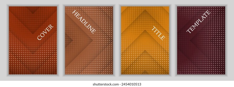 Halftone dots and arrow stripes background business cover page layout set. Modern banners vector design. Contemporary catalog front pages. Announcement posters collection.