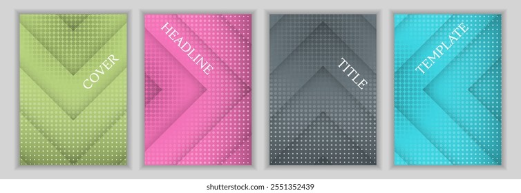 Halftone dots and arrow stripes background corporate cover page template set. Colorful brochures vector design. Geometric book covers. Promotion posters collection.