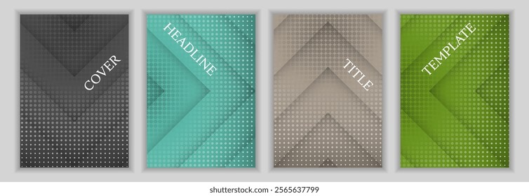 Halftone dots and arrow stripes background corporate cover page layout batch. Modern posters vector design. Contemporary booklet covers. Advertisement flyers batch.
