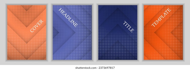 Halftone dots and arrow stripes pattern business cover page template set. Modern posters vector design. Geometric magazine front pages. Announcement flyers collection.