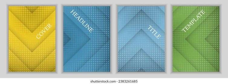 Halftone dots and arrow stripes pattern business cover page template set. Abstract flyers vector design. Contemporary magazine front pages. Promotion banners set.