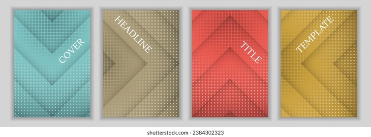 Halftone dots and arrow stripes pattern business cover page template batch. Simple brochures vector design. Geometric booklet front pages. Advertisement banners set.