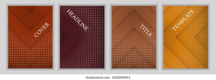 Halftone dots and arrow stripes pattern business cover page layout batch. Simple flyers vector design. Contemporary book front pages. Announcement brochures set.