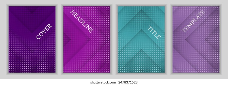 Halftone dots and arrow stripes pattern business cover page layout batch. Simple banners vector design. Geometric book covers. Commercial posters batch.