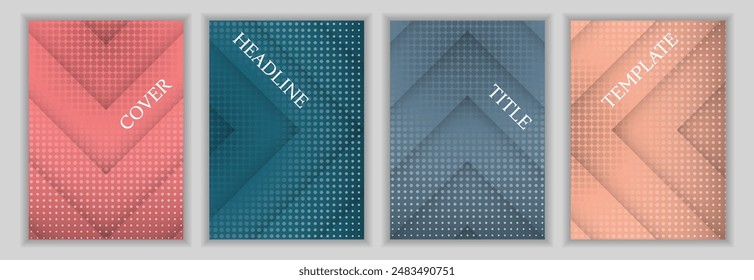 Halftone dots and arrow stripes pattern corporate cover page layout set. Elegant posters vector design. Geometric catalog covers. Commercial flyers set.