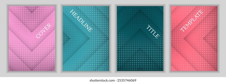 Halftone dots and arrow stripes pattern corporate cover page layout set. Digital brochures vector design. Geometric book front pages. Announcement posters batch.