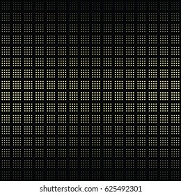 Halftone dots background. Geo, geometric seamless pattern in gold and black. Plaid material, checkered background. Good halftone. Abstract digital background, modern technology, vector design.