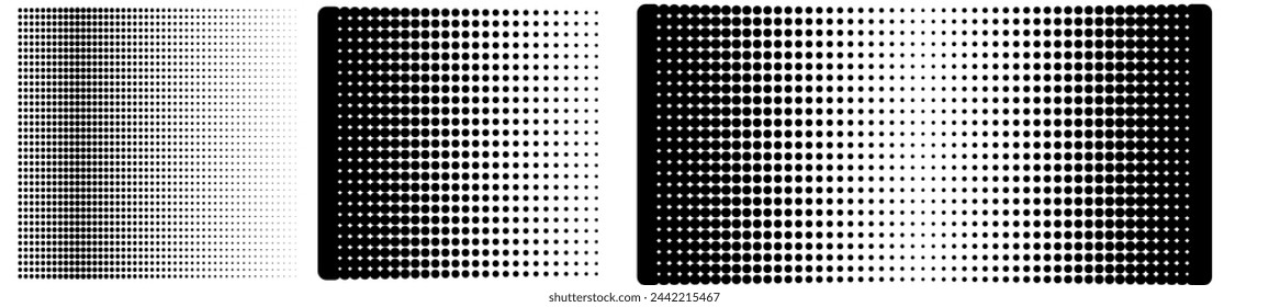 halftone dots background. Pop art template. Black and white texture. Set of vertical gradient halftone dots backgrounds, horizontal templates using halftone dots pattern. Vector illustration.