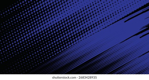 Fondo de textura de grunge de gradiente de patrón de color negro y azul con puntos de semitono. Ilustración vectorial moderna.