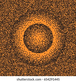 Halftone dots. Black dots on orange background. Glitter spray.