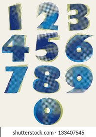 Halftone dots bold numbers, blue pixels print texture numbers, vector set.