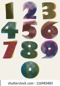 Halftone dots bold numbers, dirty color pixels print texture numbers, vector set.
