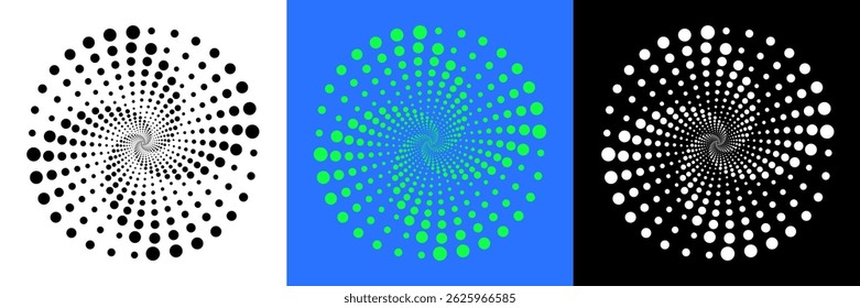 Halftone dots in circle dotted spiral frame. Modern abstract shapes. Waves in circle frame. Spiral black form on black and white background