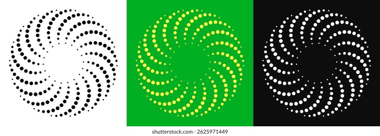 Halftone dots in circle dotted spiral frame. Modern abstract shapes. Waves in circle frame. Spiral black form on black and white background