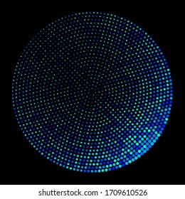 Halftone dots in circle form. Blue round logo or icon. Vector dotted frame as design element