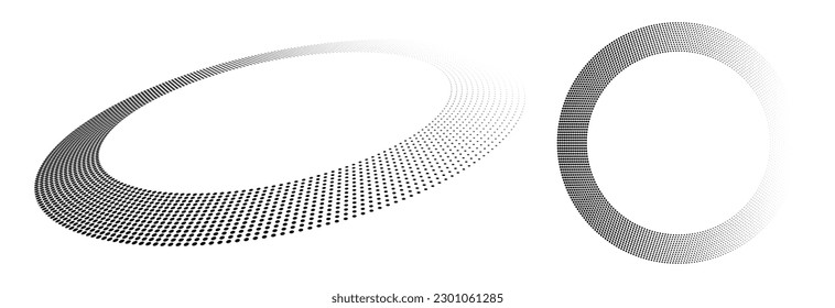 Halftone dots in circle form. Perspective and top view to design element.