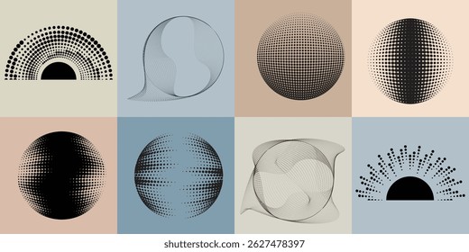 Halftone dots in Circle Form .Rotate rounded shape Vector Illustration .Rotating circles form a ring.Rotating design element . Various circle lines forming round frame . Abstract Geometric line art . 