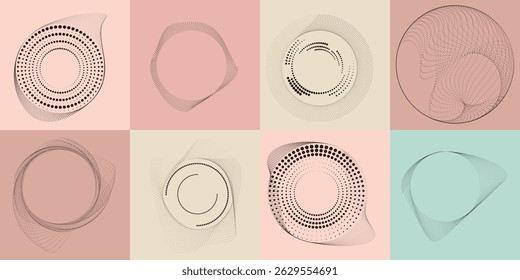 Halftone dots in Circle Form .Rotate rounded shape Vector Illustration .Rotating circles form a ring.Rotating design element . Various circle lines forming round frame . Abstract Geometric line art . 