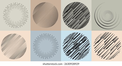 Halftone dots in Circle Form .Rotate rounded shape Vector Illustration .Rotating dots form a circle .Rotating design element . Various  lines forming round shape . Abstract Geometric line art .