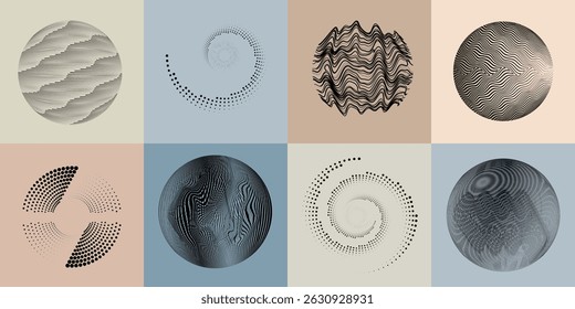 Halftone dots in Circle Form .Rotate rounded shape Vector Illustration .Rotating dots form a circle .Rotating design element . Various  lines forming round shape . Abstract Geometric line art .