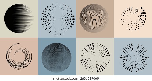 Halftone dots in Circle Form .Rotate rounded shape Vector Illustration .Rotating dots form a circle .Rotating design element . Various lines forming round shape . Abstract Geometric line art .
