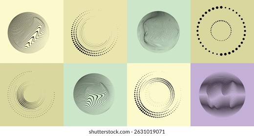 Halftone dots in Circle Form .Rotate rounded shape Vector Illustration .Rotating dots form a circle .Rotating design element . Various lines forming round shape . Abstract Geometric line art .

