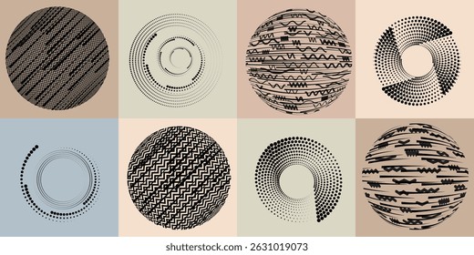 Halftone dots in Circle Form .Rotate rounded shape Vector Illustration .Rotating dots form a circle .Rotating design element . Various lines forming round shape . Abstract Geometric line art .

