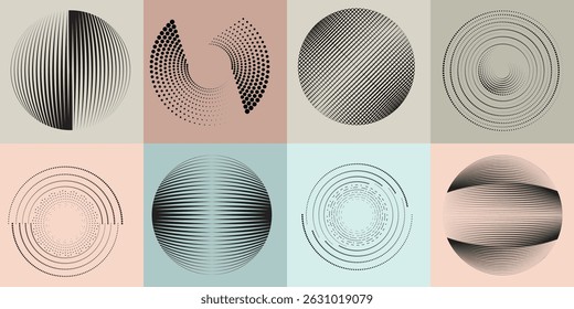 Halftone dots in Circle Form .Rotate rounded shape Vector Illustration .Rotating dots form a circle .Rotating design element . Various lines forming round shape . Abstract Geometric line art .
