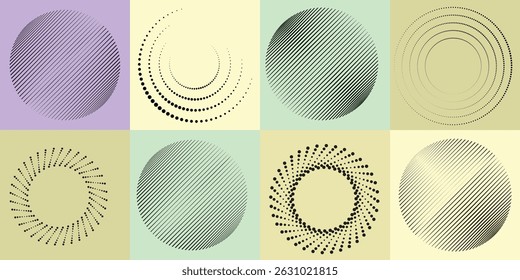 Halftone dots in Circle Form .Rotate rounded shape Vector Illustration .Rotating dots form a circle .Rotating design element . Various lines forming round shape . Abstract Geometric line art .
