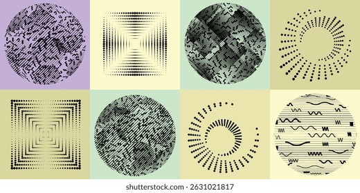 Halftone dots in Circle Form .Rotate rounded shape Vector Illustration .Rotating dots form a circle .Rotating design element . Various lines forming round shape . Abstract Geometric line art .
