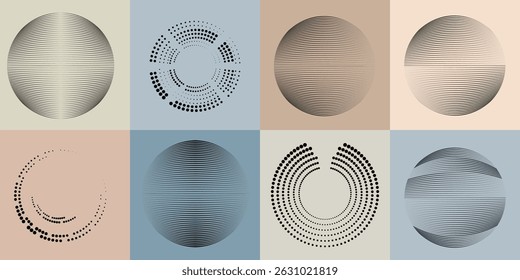 Halftone dots in Circle Form .Rotate rounded shape Vector Illustration .Rotating dots form a circle .Rotating design element . Various lines forming round shape . Abstract Geometric line art .
