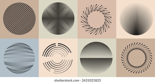 Halftone dots in Circle Form .Rotate rounded shape Vector Illustration .Rotating dots form a circle .Rotating design element . Various lines forming round shape . Abstract Geometric line art .
