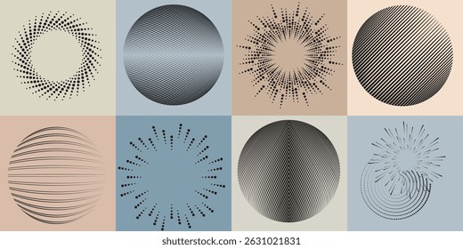 Halftone dots in Circle Form .Rotate rounded shape Vector Illustration .Rotating dots form a circle .Rotating design element . Various lines forming round shape . Abstract Geometric line art .
