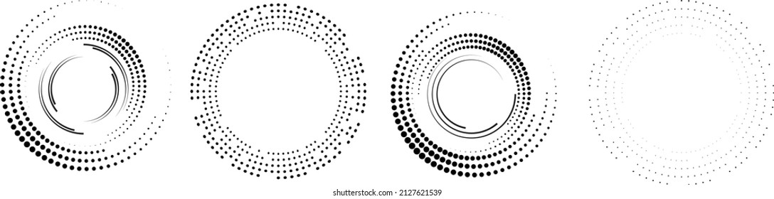 Los puntos de semitono en forma de círculo. logotipo redondo. cuadro de puntos vectoriales. Elemento de diseño con puntos concéntricos.