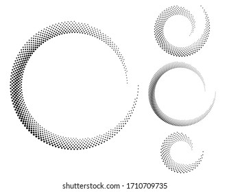 Halftone dots in circle form. Set of rounded logo or icon. Vector dotted frame as design element
