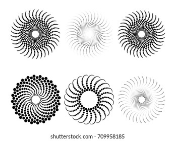 Halftone Dots in Circle Form . Spiral Vector Illustration .Technology round Logo . Design element . Abstract Geometric shape . Striped border frame for image
