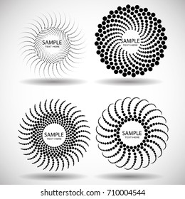 Halftone Dots in Circle Form . Spiral Vector Illustration .Technology round Logo . Design element . Abstract Geometric shape . Striped border frame for image