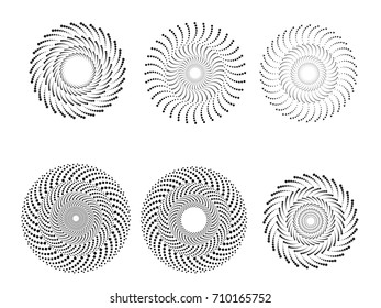 Halftone Dots in Circle Form . Spiral Vector Illustration .Technology round Logo . Design element . Abstract Geometric shape . Striped border frame for image