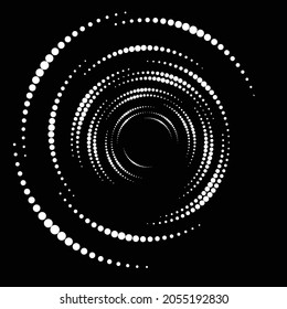 Halftone dots in Circle Form .  Vector Illustration .Technology round. Circle logo . Design element . Abstract Geometric shape . White circular dots on the black background .