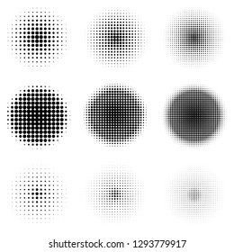 Halftone dots circle gradient. Circular halftone design elements