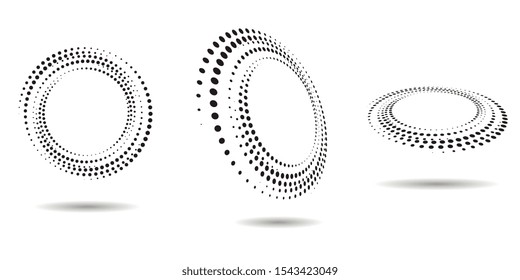 Halftone dots. Circle shape. Black and white vector background. Vector element for web and graphic design. 3d perspective effect.