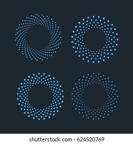 Halftone dots in circle shape. Round dotted logo design element. Black and blue lights isolated banner decoration.