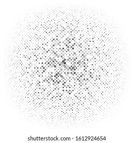 Half-tone dots, circles, dotted element. Sphere, orb or globe distortion speckles. Diffuse radial, radiating bloat, bulge warp. Polka-dot inflate design. Circular geometric pattern, abstract circles