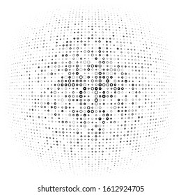 Half-tone dots, circles, dotted element. Sphere, orb or globe distortion speckles. Diffuse radial, radiating bloat, bulge warp. Polka-dot inflate design. Circular geometric pattern, abstract circles