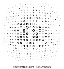 Half-tone dots, circles, dotted element. Sphere, orb or globe distortion speckles. Diffuse radial, radiating bloat, bulge warp. Polka-dot inflate design. Circular geometric pattern, abstract circles