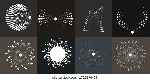 Conjunto de círculos de puntos semitonos, anillo punteado y Formas de círculos en espiral para diseños modernos, tecnología o fondos de gráficos en movimiento. Elementos redondos punteados, espirales radiales, símbolos solares y vórtice.