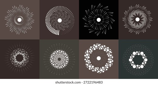 Halftone dots circles set,  dotted ring and spiral circle shapes for modern design, technology, or motion graphic backgrounds. Dotted round elements, radial spirals, sun symbols and vortex.