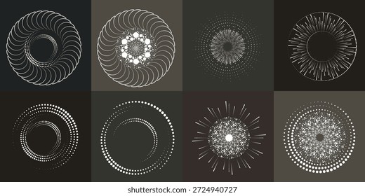 Conjunto de círculos de puntos semitonos, anillo punteado y Formas de círculos en espiral para diseños modernos, tecnología o fondos de gráficos en movimiento. Elementos redondos punteados, espirales radiales, símbolos solares y vórtice.
