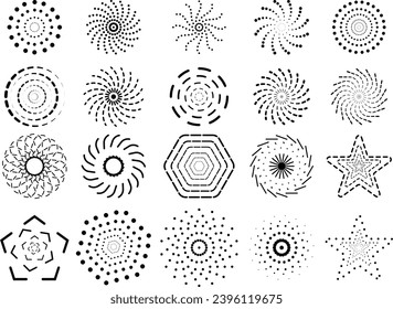 Halftone Dots Collection  Beautiful gradient circle halftone for Blac Stars, Circles, Rectangles in Spiral Form. Vector background Template decoration comic 